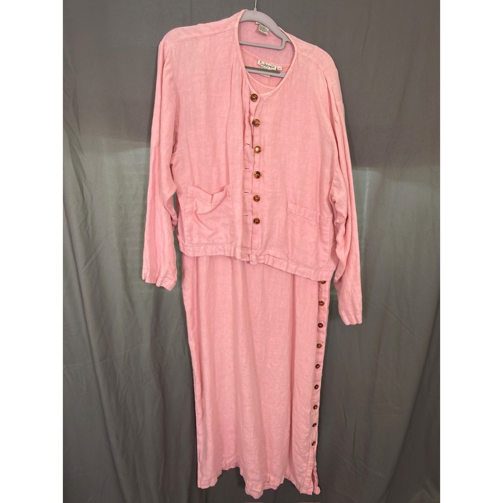 Bohemia Pink 100% Linen 2 Piece Dress & Jacket Set Womens Large L Maxi Rose Boho